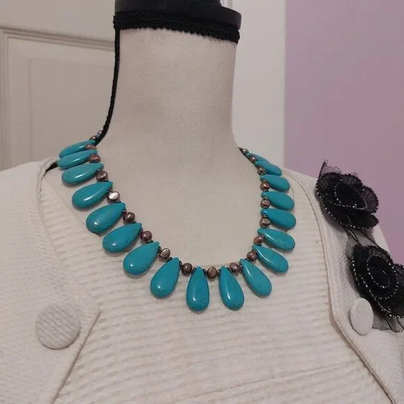 SOLD Teardrop Howlite Turquoise Purple Freshwater Pearl Fringed Collar Necklace - Picture 3 of 7